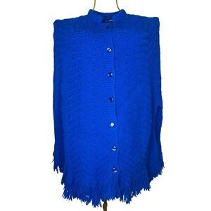 Handmade Blue Fringe Crochet Poncho Cape Knit Button Up Sweater Cardigan - OSFM